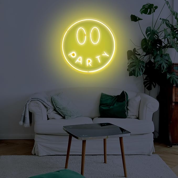 Party Smiley FACE NEON Wall Light, Smiley Face Shaped Yellow LED Light, Wall Decor, Perfect for Holiday & Birthday Gift, Party Decor, Yellow Party Smiley Face Sign for Kids Room