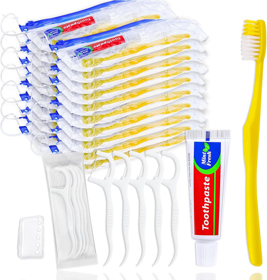 30 pcs Disposable Toothbrushes with Toothpaste and Floss Set,Yellow Individually Wrapped Bulk Single Use Toothbrush Floss Cover Travel Toothbrushes Kit with Zip Bag for Homeless,Hotel,Guest