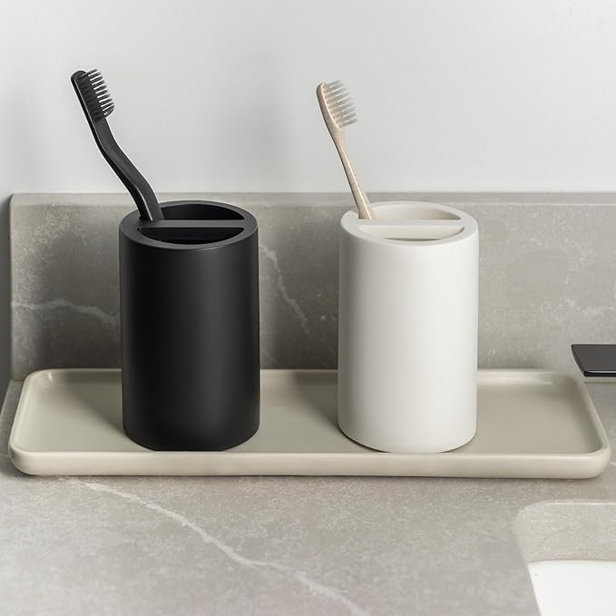 White Toothbrush Holder for Bathrooms – Modern Resin Countertop Organizer with Slots, Compact Toothbrush and Toothpaste Storage for Vanity, Hotel, Airbnb (White)
