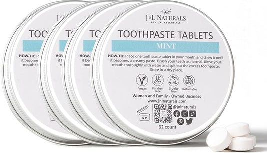 J&L Naturals Toothpaste Tablets | 62-Pack Travel-Friendly Toothpaste | Fluoride + Plastic Free, Vegan, Cruelty Free, Sustainable | Woman-Owned Small Business (Mint, 62 Count (Pack of 4))
