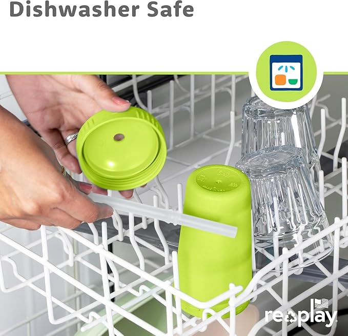 Re-Play 10 oz. Straw Cups for Kids with Silicone Locking Straws - Dishwasher & Microwave Safe - Made in USA - Set of 4-7.37" x 7.37" x 1.25" - Meadow