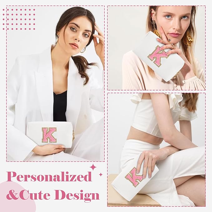 Personalized Makeup Bag Initial A-Z Preppy Patch Bag,Small PU Leather Travel Cosmetic Bag Pouch with Zipper,White Cute Toiletry Bag,Gift Ideal for Teen Girls Women Birthday Friend Mom,Letter K