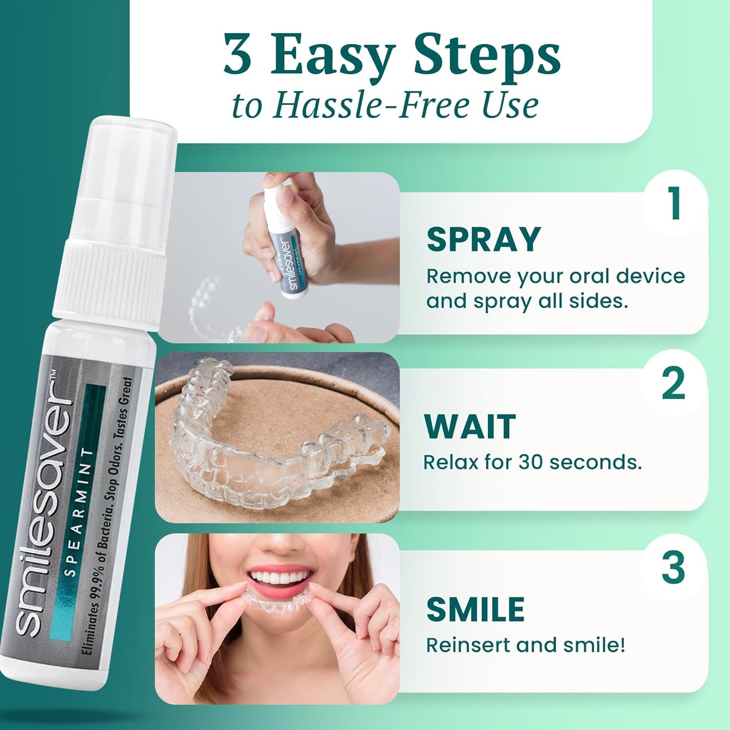 Smilesaver Retainer Cleaner Spray – Invisalign, Mouth Guard, and Denture Cleaner – Quick Oral Care for Aligner & Retainer Hygiene – Natural, Portable & Minty Fresh Oral Care Products (1oz)