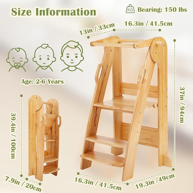 FUNLIO Foldable Montessori Child Standing Tower for Learning, 3 Adjustable Heights Step Stool - Natural