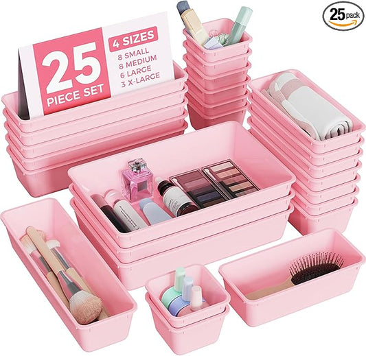 25 PCS Plastic Drawer Organizers Set, 4-Sizes Vanity and Makeup Organizer, Desk and bathroom Drawer Organizer Trays, Organizers and Storage for Makeup, Jewelry, Gadgets, Utensils (Pink)
