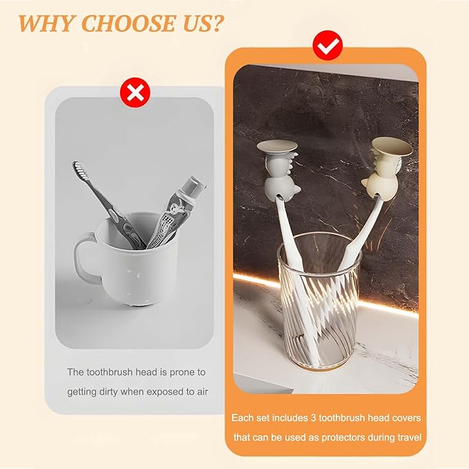 Mini Dinosaur Toothbrush Holder Stand with Suction Cup, Silicone Toothbrush Head Cover, Travel Protector, Bathroom Vanity Organizer for Adults Kids