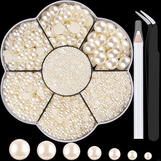 BELLEBOOST 5600pcs ABS Round Flat Back Beige Pearls Kit with Pickup Tools for Nail Art, Face, Body Decorations