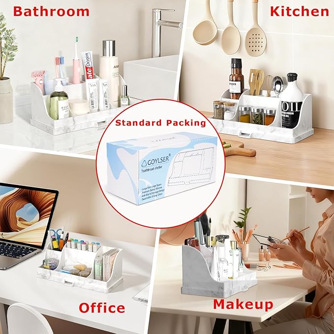 Large Size Silicone Tooth Brush Holder for Bathroom with Drainage, White Marble Toothbrush Holders, Easy Clean Bathroom Countertop Organizer Detachable Makeup Organizer for Vanity