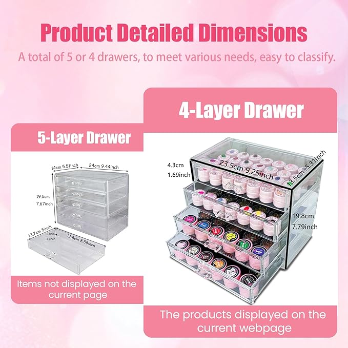 4 Tier Nail Art Decoration Storage Box，Acrylic Make Up & Jewelry Organizer with Drawers, Cosmetic Storage for Dresser Countertop and Bathroom，Beauty Holder for Lipstick Brush
