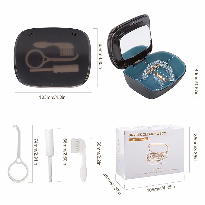 MURRI&MURRDI Retainer Case, Denture Bath Box with Strainer Basket, Mouth Guard Case, Braces Cleaner Cup, Cute Denture Holder Retainer Storage Soak Container for Travel Cleaning (C Black)