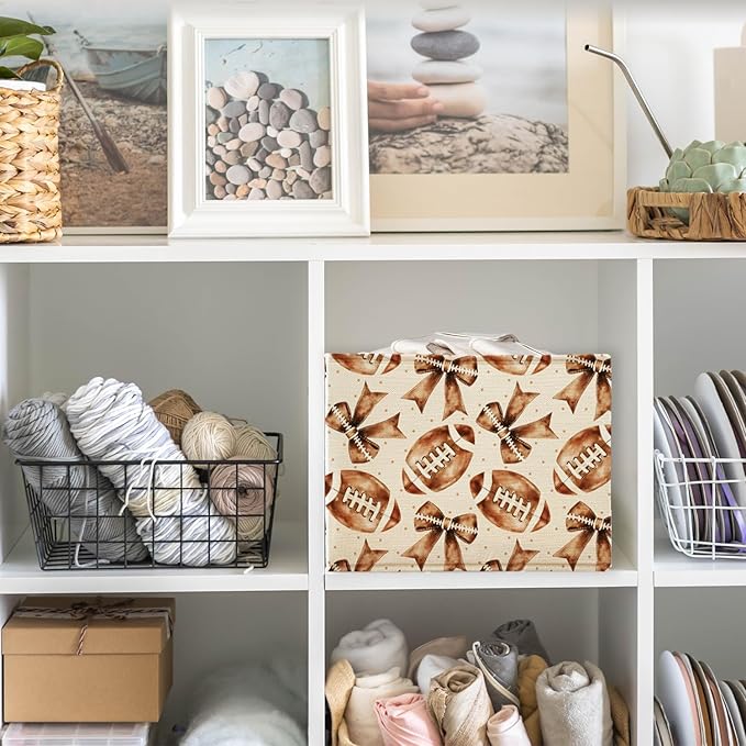 Coquette Football Rectangular Storage Basket Organizer Bin Shelf Baskets,Football Toy Box Organizers Storage Baskets,Cute Kids Toy Storage Bin Organizer Shelf Book Sports Football Room Decor