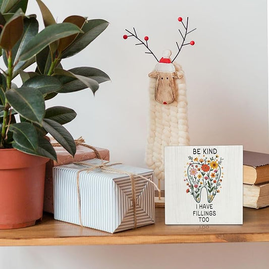 Floral Tooth Wooden Signs,Dental Decor Wooden Box Sign,Funny Dental Hygienist Decor For Home Desk Tabletop Shelf Decoration 5x5 Inches