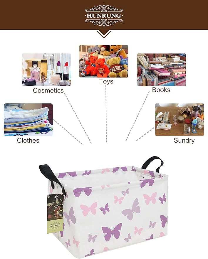 HUNRUNG Rectangle Storage Basket Cute Canvas Organizer Bin for Pet/Children Toys, Books, Clothes Perfect for Rooms/Playroom(Rec-Butterfly)