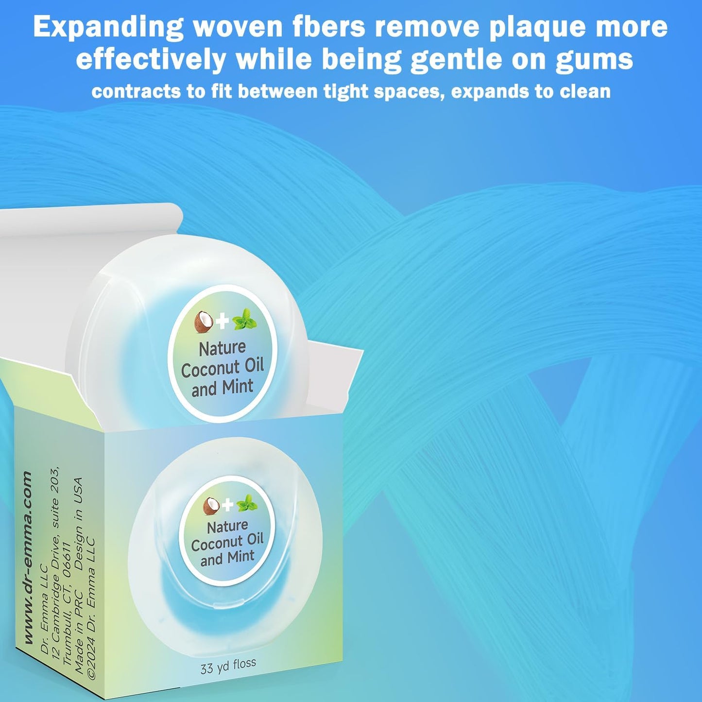 Dr. Emma Woven Dental Floss Coconut Oil Infused Expanding Dental Floss, Oral Care Stretchable Floss, Mint 33yd Blue, Pack of 4