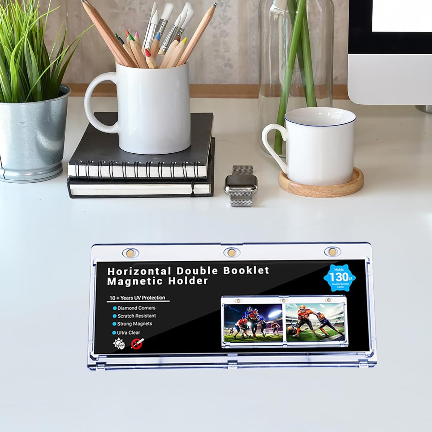 2-Pack Booklet Magnetic Card Holders - 187mm One Touch Magnetic Booklet Card Holder, Horizontal Booklet One Touch, 130PT Booklet Magnetic Case, Collection Display Frame，Inner Size 7.32"x2.56"x0.15"