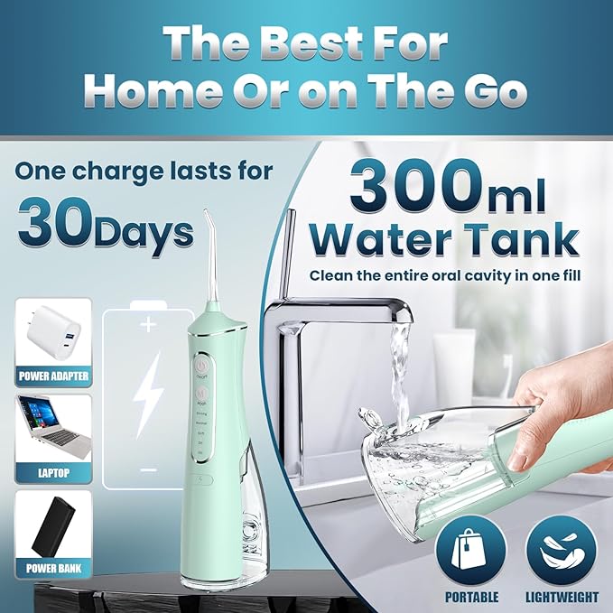 Water Flosser for Teeth Cleaning, 300ML Portable Cordless Oral Irrigator with DIY Strength, 4 Modes, IPX7 Waterproof & 30-Day Battery, 2-Min Smart Timer for Home/Travel Dental Care, Green