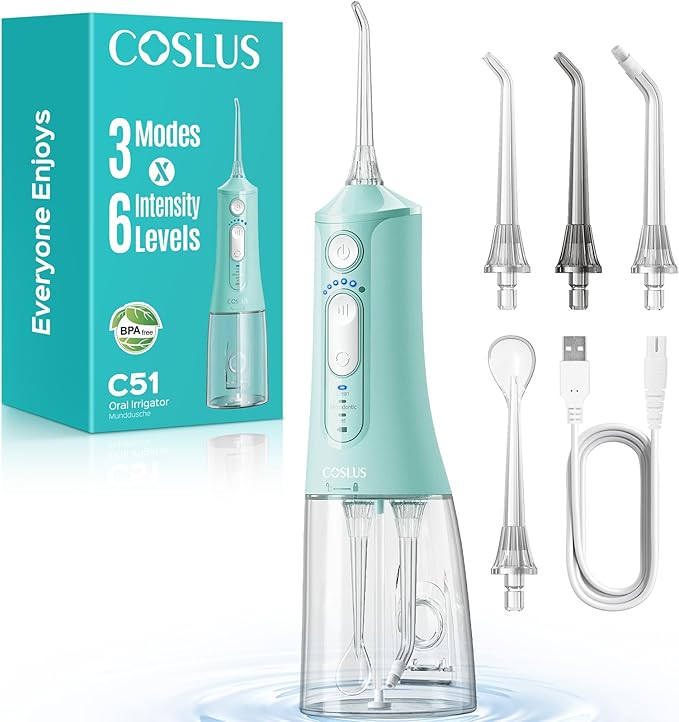 COSLUS Portable Water Flosser for Teeth: 3 Modes & 6 Pressure Settings with Jet Mode Water Dental Pick for Orthodontic, Braces, Sensitive Gums, Compact for Travel, 300ML for Multiple Users, Green C51