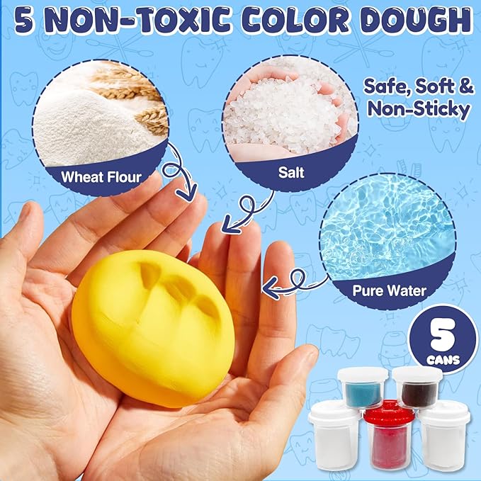 Dentist Color Dough Set, Dental Tools Kit Drill and Fill, Doctor DIY Playset Toys for Kids Toddlers 3 Years and Up, Art & Craft Gift with Moulds, Models, 5 Non-Toxic Color