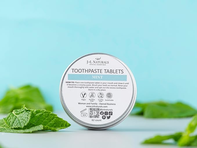 J&L Naturals Toothpaste Tablets | 62-Pack Travel-Friendly Toothpaste | Fluoride + Plastic Free, Vegan, Cruelty Free, Sustainable | Woman-Owned Small Business (Mint, 62 Count (Pack of 4))
