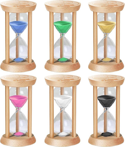 Sand Hourglass Timer Set: 30 Sec/1/2/3/5/10 Minutes Wooden Sand Clock, Colorful SandWatch Hour Glass, Small Sandglass Timer for Classroom, Home Decorative, Games (6 pcs)