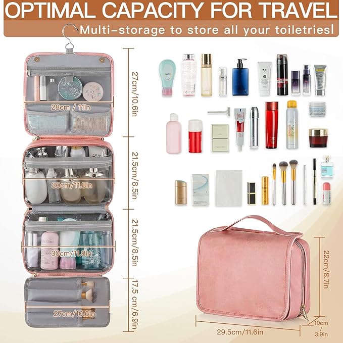 Elviros Hanging Travel Toiletry Bag for Women,3-in-1 Large Makeup Bag and Cosmetic Organizer,Vegan Leather Waterproof Skincare Case for Travel Size Toiletries and Accessories,Gift for Women
