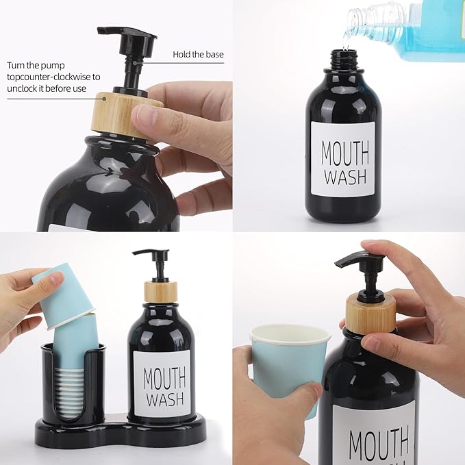 Mouthwash Dispenser for Bathroom, 16oz Plastic Mouthwash Dispenser with Cup Holder and Tray Mouth Wash Bottle Container - Black