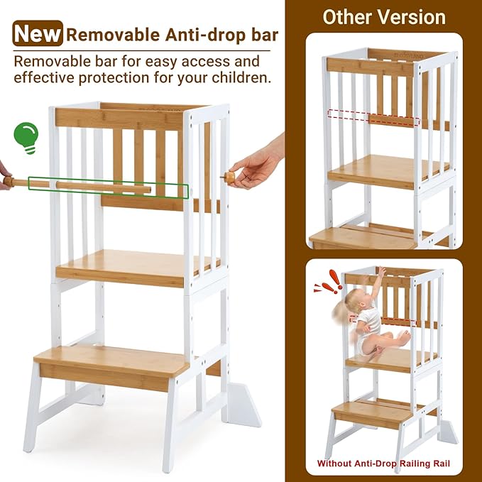 COSYLAND Toddler Standing Tower - Adjustable Height Toddler Kitchen Stool Helper - Kids Kitchen Step Stool for Learning with Removable Safety Railing White & Natural