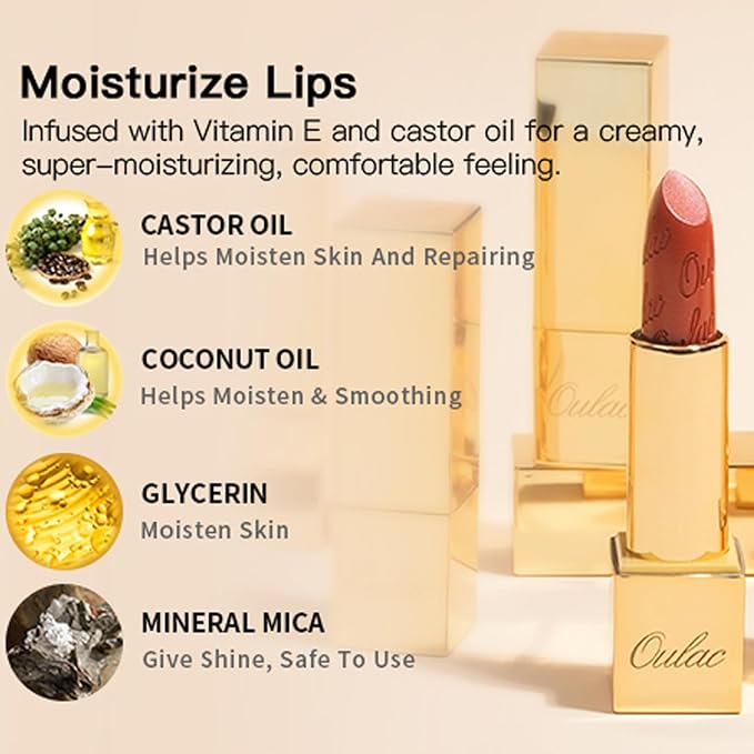 Oulac Matte Nude Peach Lipstick with Glow Metallic Finish - Vegan Lipstick for Women, Creamy Texture, Hydrating Clean Beauty Formula, High-End Magnetic Hook Design, GM06 Hugs