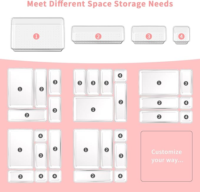 15 PCS Clear Plastic Drawer Organizer Set, 4 Sizes Versatile Bathroom Drawer Organization and Storage Trays, Non-Slip Desk Vanity Storage Bins for Makeup Jewelry Kitchen Utensil Gadget Office