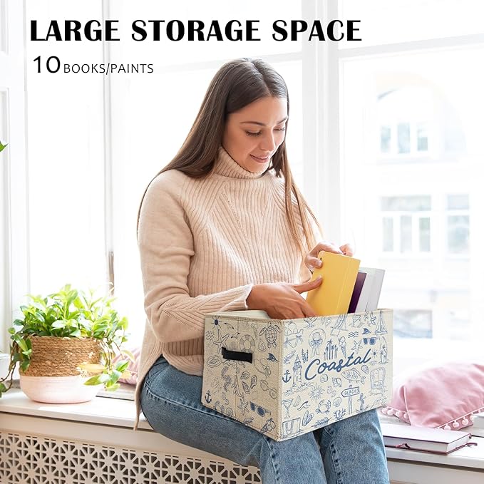 Beach Sea Storage Basket Organizer Bins With Handles,Summer Coastal Rustic Starfish Organizing Decorative Storage Basket,Collapsible Closet Shelf Cloth Organizer Basket for Bedroom Bathroom