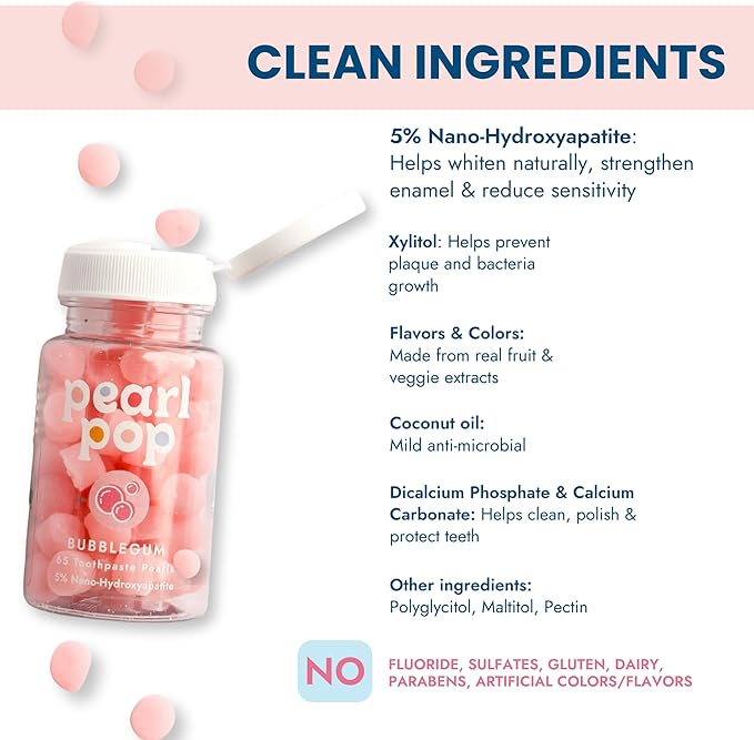 Toothpaste Pearls, Chewy Fluoride Free Toothpaste for Kids & Adults, Stocking Stuffer, Mess-Free Travel Tooth Paste Alternative Made with Nano-Hydroxyapatite & Xylitol, Bubble Gum, 65ct