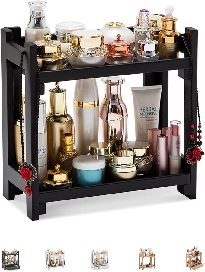 GOBAM Bamboo Makeup Organizer, Black Vanity Storage Box, Multi-Purpose Storage for Skincare, Toiletries and Desktop, 2-Tier Cosmetic Organizer Shelf for Bathroom, Countertop, Kitchen, Office