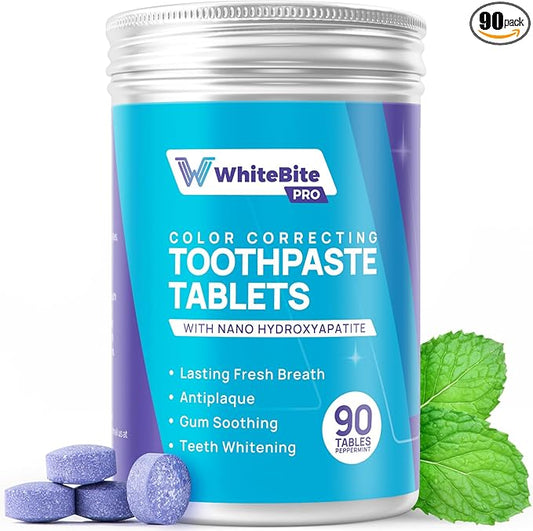 Whitebite Pro Color Correcting Toothpaste Tablets with Nano Hydroxyapatite | Fresh Breath & Natural Whitening | Travel-Friendly Toothpaste & Mouthwash | Fluoride and Plastic-Free (Peppermint)