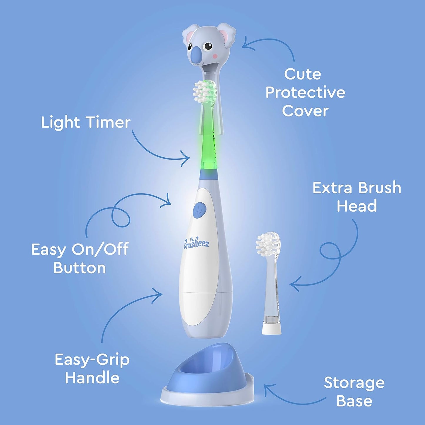 Brusheez Little Toddlers’ Sonic Toothbrush - Safe & Gentle Toothbrush for Ages 1-3 with Built-in, Light-Up 2-Minute Timer, Extra Brush Head, & Storage Base for First-Time Brushers (Kiwi The Koala)
