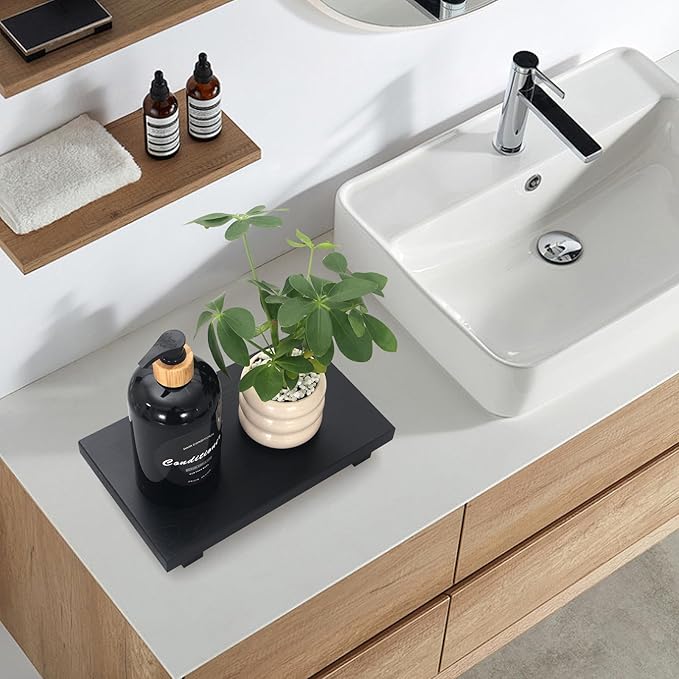 Black Bathroom Vanity Counter Tray Decor Farmhouse Wood Risers Kitchen Soap Sink Tray for Countertop Decorative Hand Soap Dispenser Holder Wooden Pedestal Stand Modern Bathroom Organizer Accessories