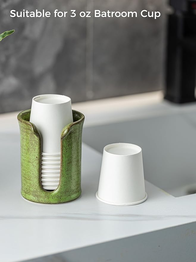 Ceramic Bathroom Cup Dispenser, 3 Oz Bathroom Cup Holder for Dixie Cups, Mouthwash Cup Dispenser for Bathroom Countertop, Green