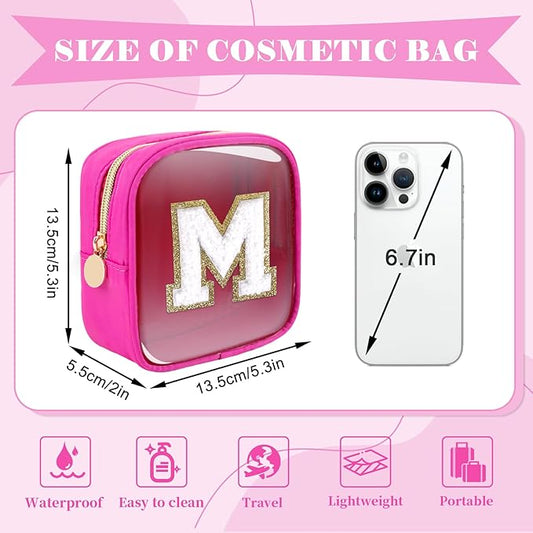 Personalized Initial Letter Clear Preppy Makeup Bag,Mini Nylon Chenille Letter Cosmetic Bag Cute Zipper Pouch Coin Purse for Teen Girls,Portable TSA Approved Travel Essentials Bag Gift for Women,M