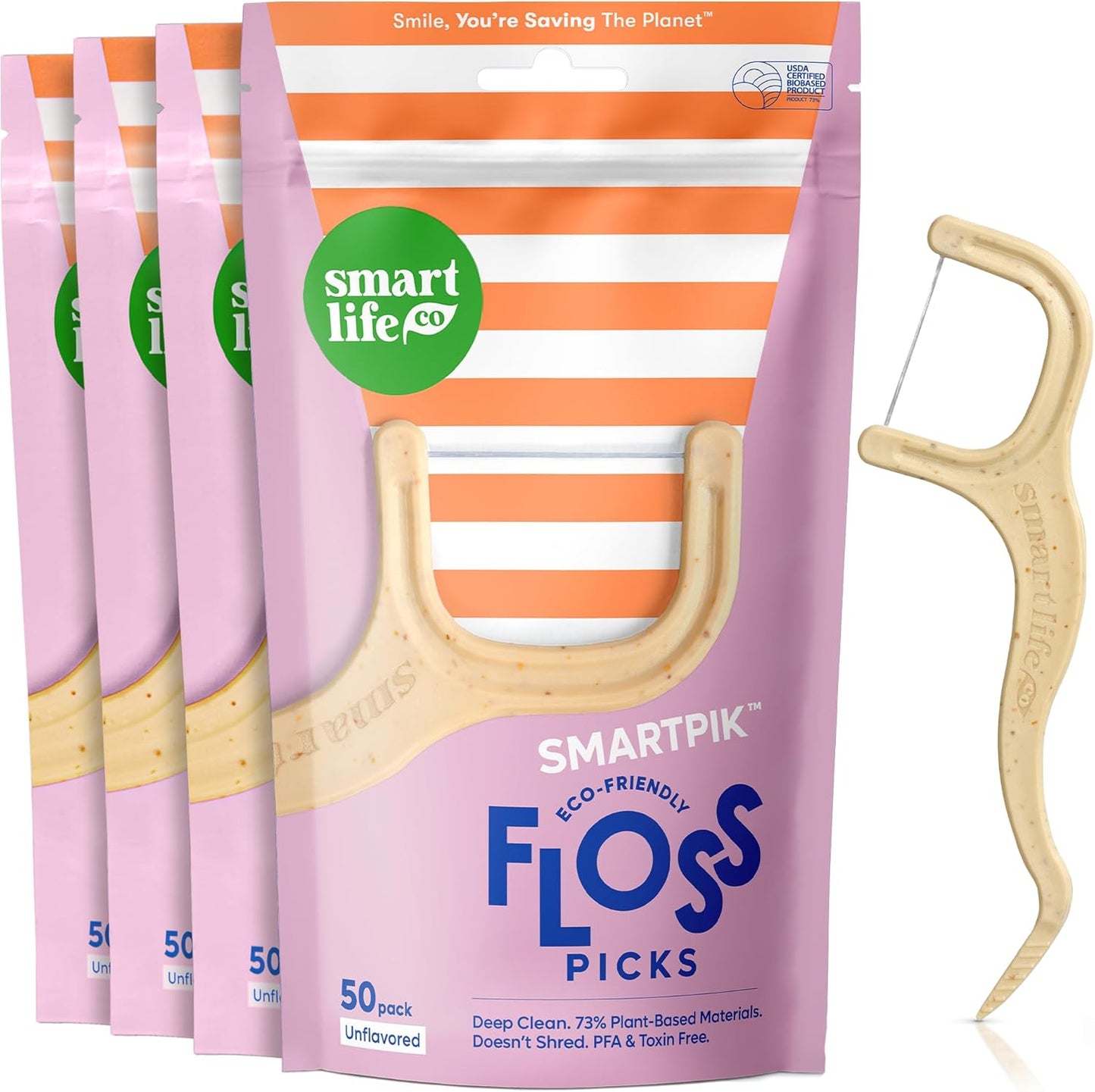 SmartLifeco Eco-Friendly Dental Floss Picks (200ct) - Flossers Made With Straw Wheat Blend, Strong Anti-Shred Thread For Tight Gaps, Tooth Pick Stick For Adults, Soft on Gum & Teeth, Vegan, Unflavored