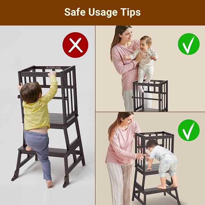 COSYLAND Kids Kitchen Step Stool, Toddler Standing Tower with CPC Certification, Removable Anti-Drop Railing Unique Patented Design A Anti-tip Stable Structure 1.5-3 Years Black Walnut Color