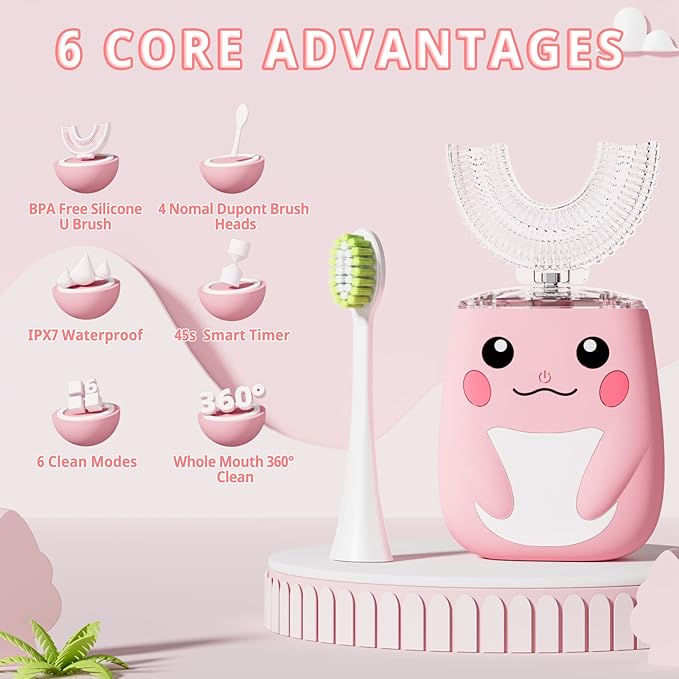 Kids Electric U Shaped Toothbrush Children Rechargeable Sonic Toothbrush with 6 Soft Brush Head Automatic Full Mouth 6 Cleaning Modes -Age8-15 Pink