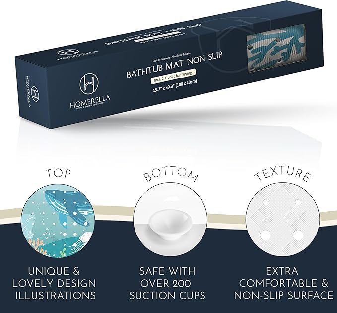 Homerella Baby Bath Tub Mat | Anti Mold Mildew Resistant Non Slip Kids and Adult Bath Tub Shower Mats | 40x16 inch Long with Suction Cups for Secure Grip Hooks for Storage & Drying | Machine Washable