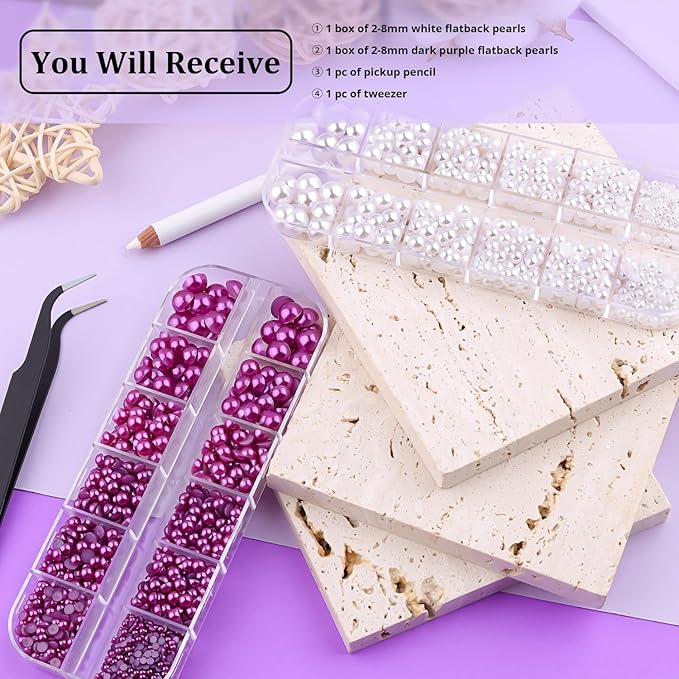 2 Boxes Flat Back Pearls Kit 3 Flatback White&Dark Purple Half Round Pearls 2-8mm with Pickup Pencil and Tweezer for Home DIY and Face Makeup and Craft