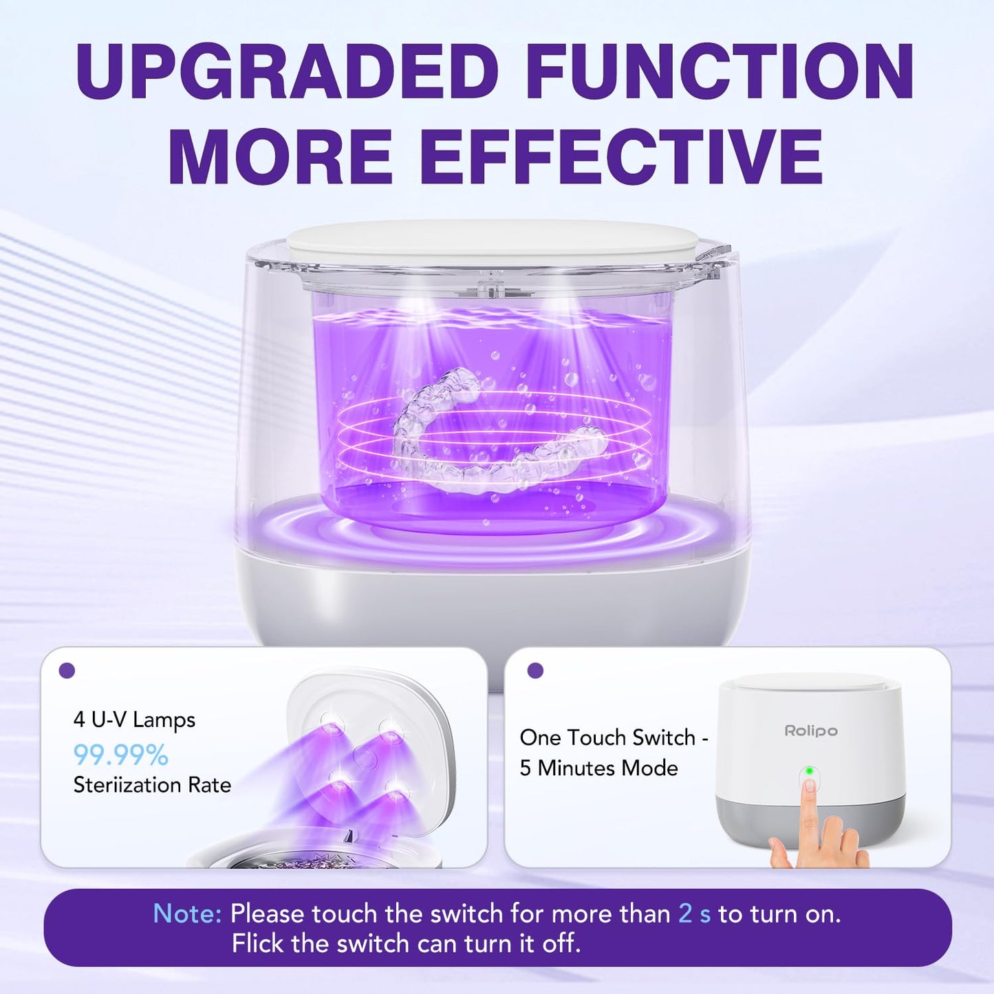 Ultrasonic Retainer Cleaner 320ML, 45kHz Denture Cleaner with 4 Lamps, Dental Cleaning Pod for Mouth Guard, Aligner, Braces, Toothbrush Head, Jewelry