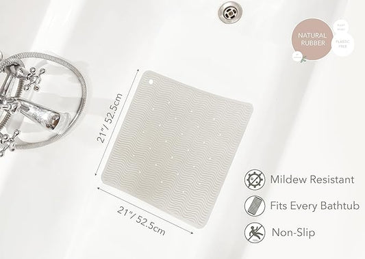 HEVEA Natural Rubber Wave Bath Mat – Square 21x21 in - Non-Slip Shower & Bathtub Mat with 364 Suction Cups, Plastic-Free & Biodegradable (Marble)