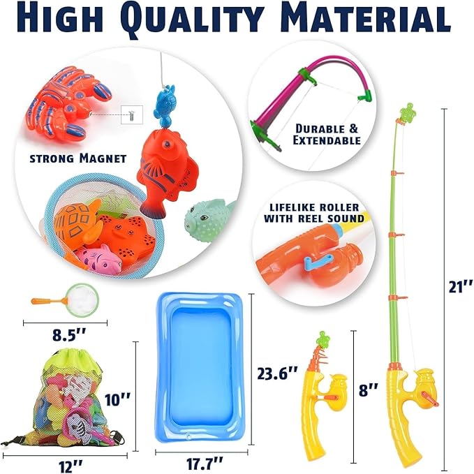 CozyBomB™ Magnetic Fishing Toys Game Set for Kids | Water Table Bathtub Kiddie Pool Party Pole Rod Net, Outdoor Plastic Floating Fish, Toddler Bath Color Ocean Sea Animals Birthday Gift Age 3-5 6 4-8