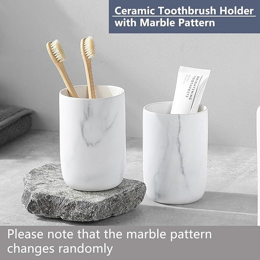 Marble Toothbrush Holders for Bathrooms - 1 Cups Ceramic Toothbrush Toothpaste Holders, White Marble Bathroom Tumbler Cups Reusable Toothbrush Mouthwash Cup, Bathroom Counter Organizer.
