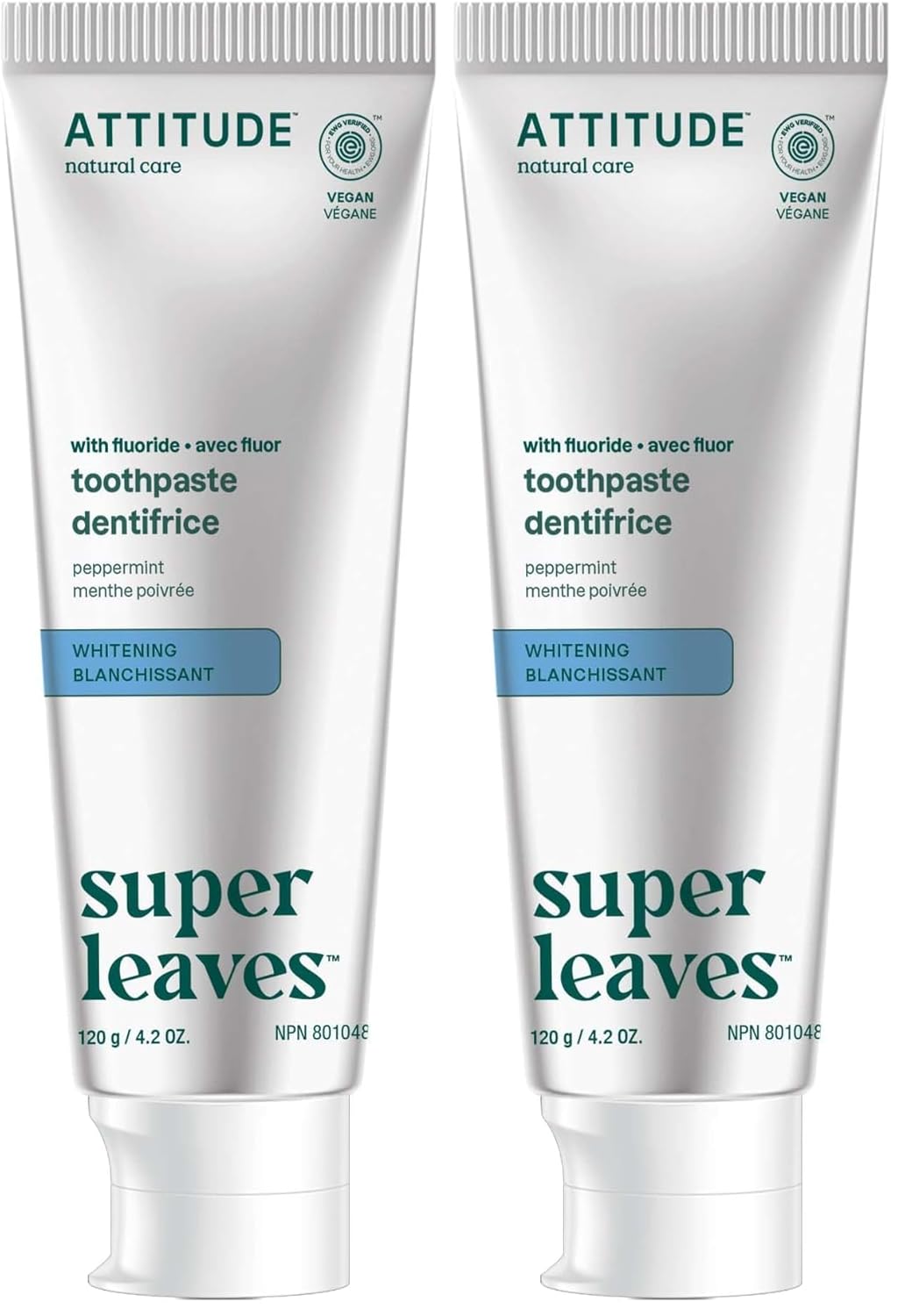 ATTITUDE Toothpaste with Fluoride, Prevents Tooth Decay and Cavities, Vegan, Cruelty-Free and Sugar-Free, Whitening, Peppermint, 4.2 Oz (Pack of 2)