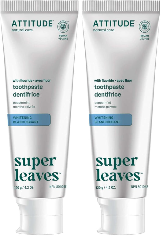 ATTITUDE Toothpaste with Fluoride, Prevents Tooth Decay and Cavities, Vegan, Cruelty-Free and Sugar-Free, Whitening, Peppermint, 4.2 Oz (Pack of 2)