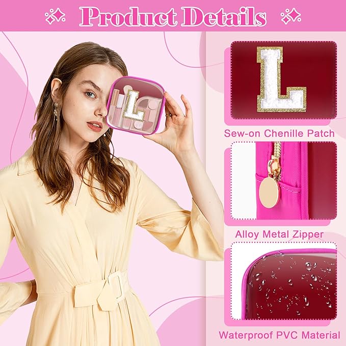 Personalized Initial Letter Clear Preppy Makeup Bag,Mini Nylon Chenille Letter Cosmetic Bag Cute Zipper Pouch Coin Purse for Teen Girls,Portable TSA Approved Travel Essentials Bag Gift for Women,L