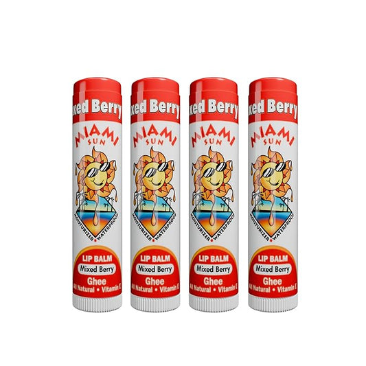 Miami Sun Natural Ghee Lip Balm, Hydrating Lip Treatment with Shea Butter & Beeswax, Organic & Non-Toxic, Best for Dry, Chapped Lips - Moisturizing, Healing, Chemical-Free Care (4 Count, Mixed Berry)